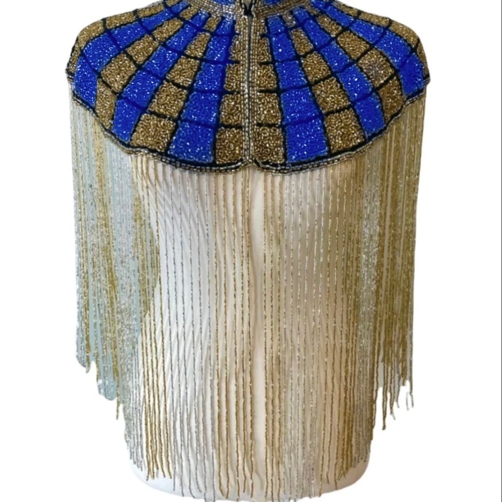 Royal Blue and gold square hand beaded fringe capelet O/S
